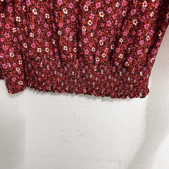 Ann Taylor Red Pink Dainty Floral Bouse Top Smocked Waist Bell Sleeves Size M - Picture 4 of 10